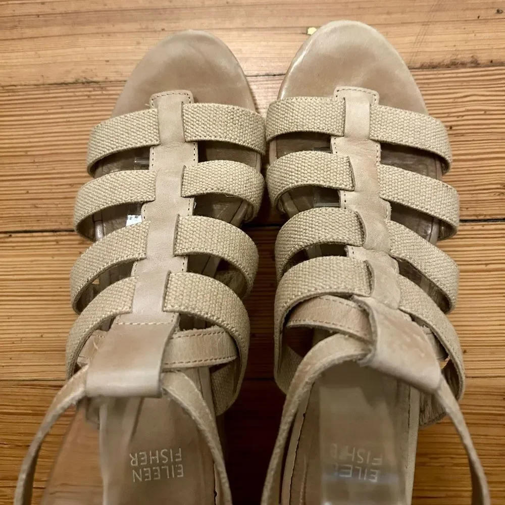 Eileen Fisher Bevy St. Linen stretch wedge sandal heels. Size 8.